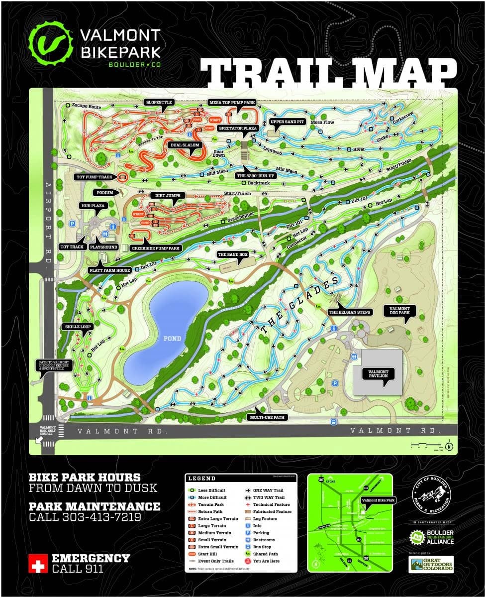 Valmont Bike Park: Venue layout, City-published Valmont Bike Park trail overview · updates pending. Use the original map for routes and visitor facilities.