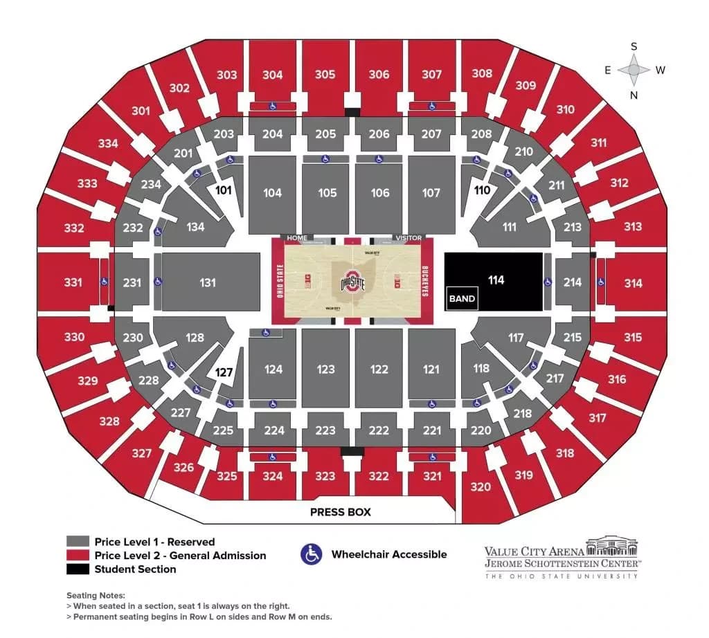 Value City Arena: Seating chart, Women’s basketball. Use the source chart for section and row details.
