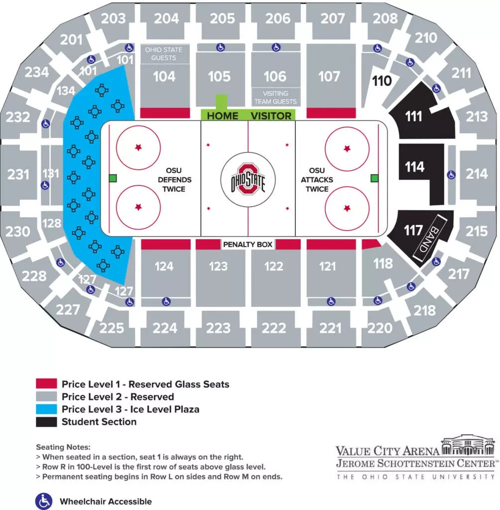 Value City Arena: Seating chart, Hockey. Use the source chart for section and row details.