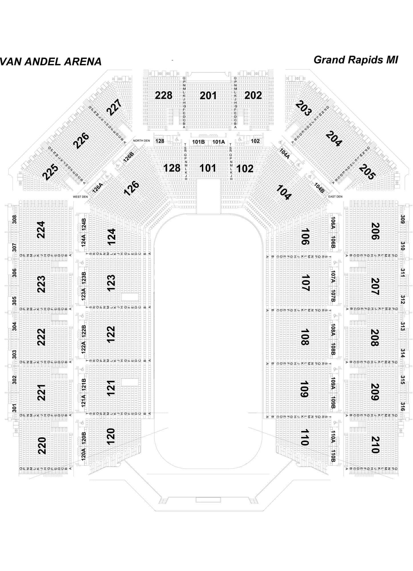 Van Andel Arena: Seating chart, Arena seating. Use the source chart for section and row details.