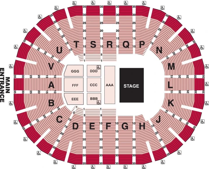 Viejas Arena: Seating chart, Viejas Arena — three-quarter-house concert example. Use the source chart for section and row details.