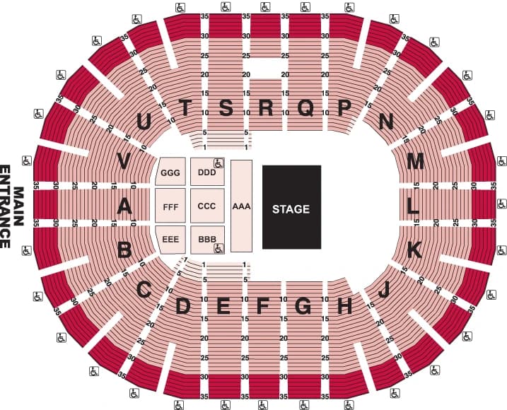 Viejas Arena: Seating chart, Viejas Arena — half-house concert example. Use the source chart for section and row details.