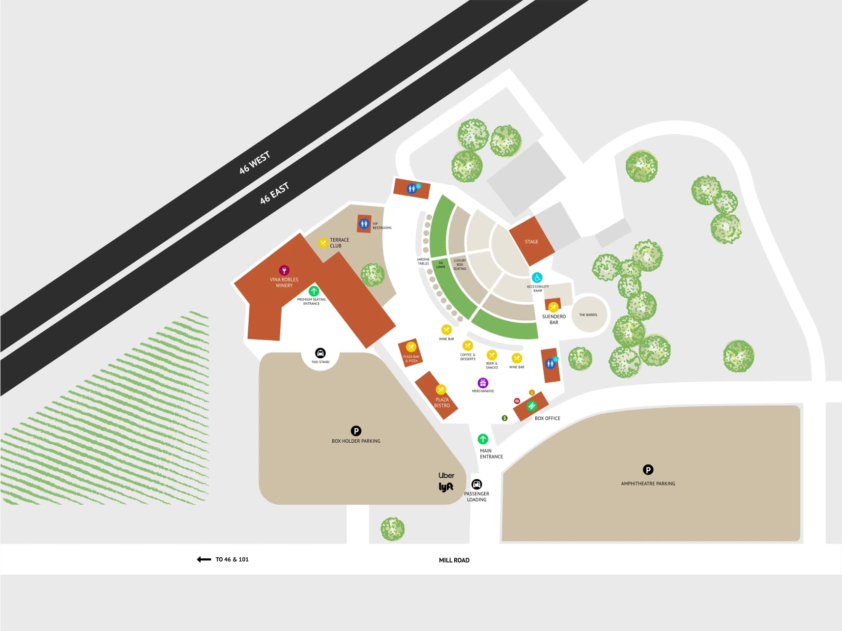 Vina Robles Amphitheatre: Venue layout, Vina Robles Amphitheatre — gates, paths and facilities. Use the original map for routes and visitor facilities.
