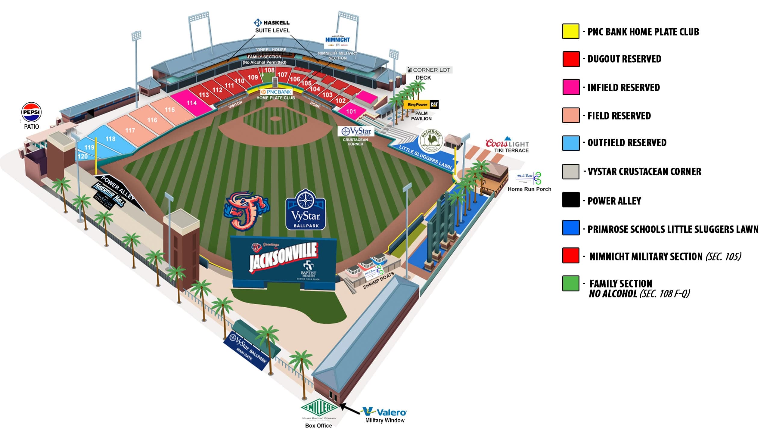 VyStar Ballpark: Seating chart, Baseball · VyStar Ballpark current sections and seating categories. Use the source chart for section and row details.