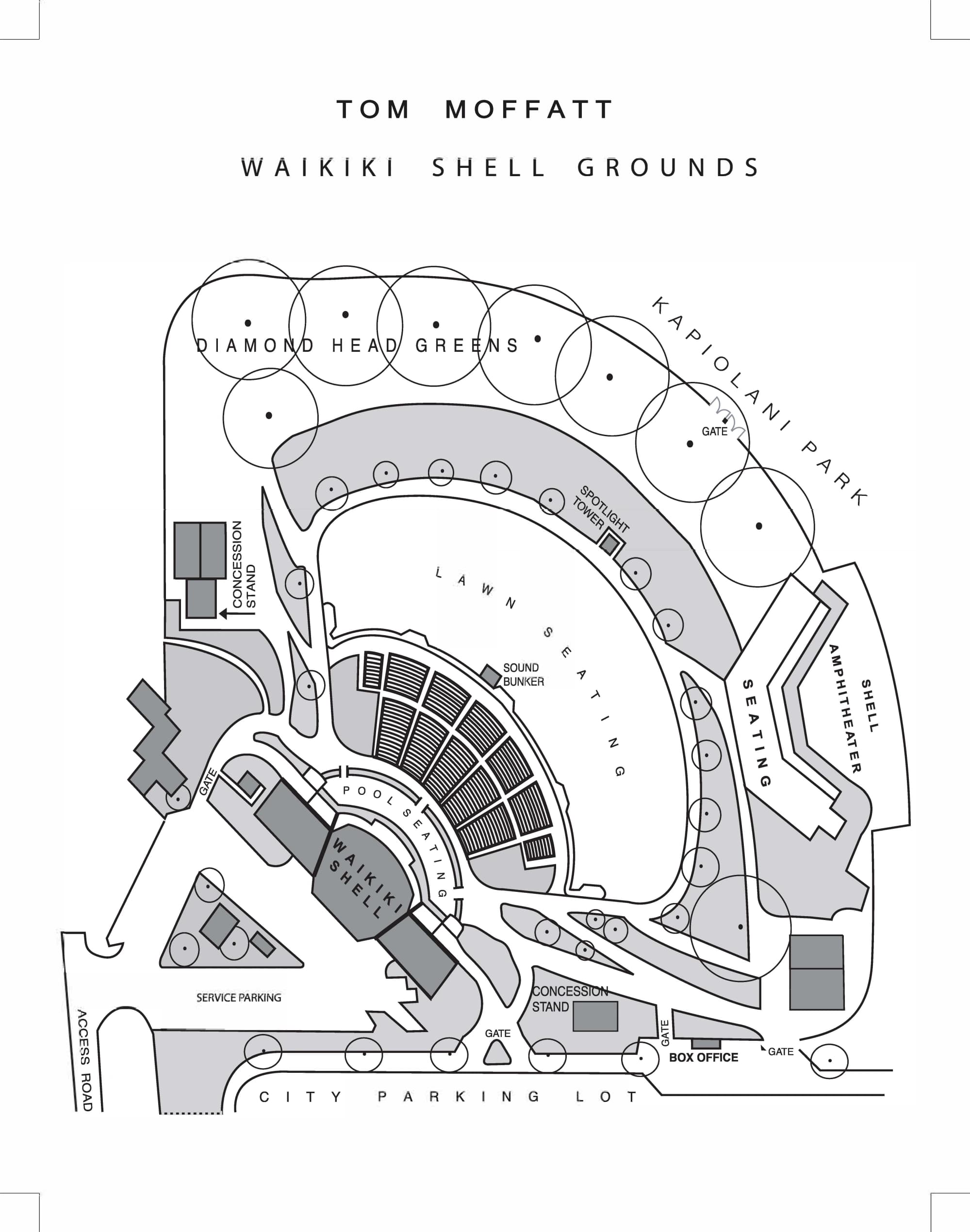 Tom Moffatt Waikiki Shell: Venue layout, Arrival & grounds · Tom Moffatt Waikīkī Shell. Use the original map for routes and visitor facilities.