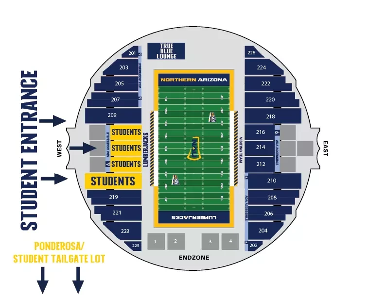 Walkup Skydome: Seating chart, Northern Arizona — current-linked 2022 football student-section and bowl reference. Use the source chart for section and row details.