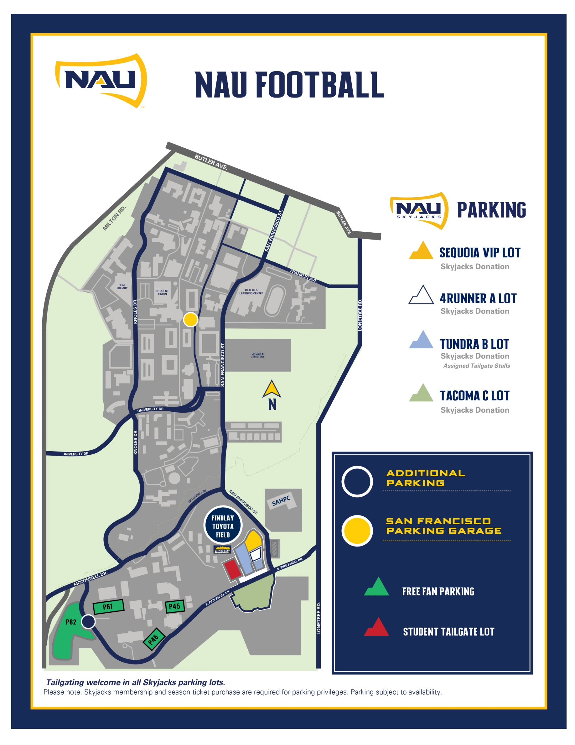 Walkup Skydome: Venue layout, Northern Arizona — official August 2026 football parking and tailgate map. Use the original map for routes and visitor facilities.