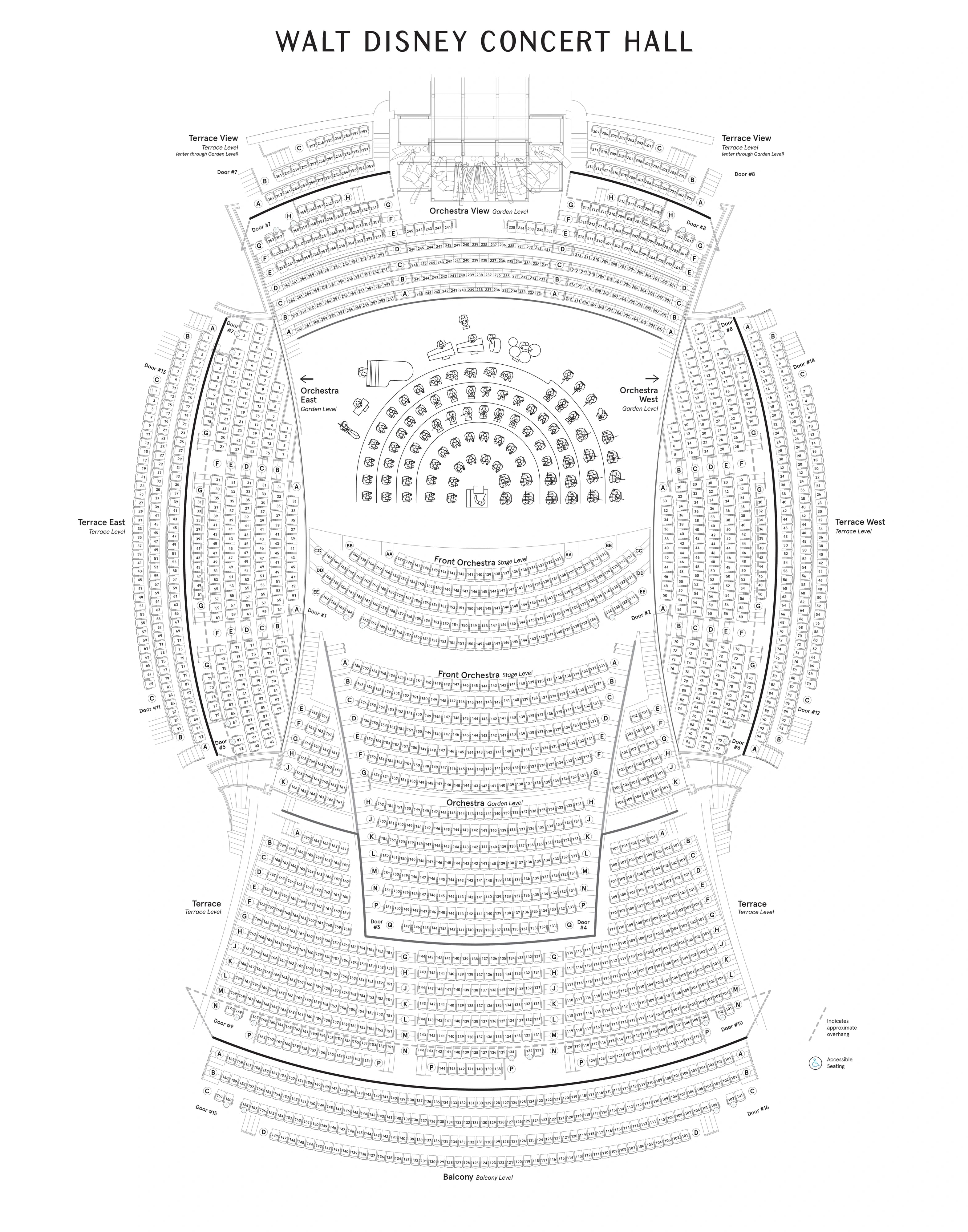 Walt Disney Concert Hall: Seating chart, Concert hall. Use the source chart for section and row details.