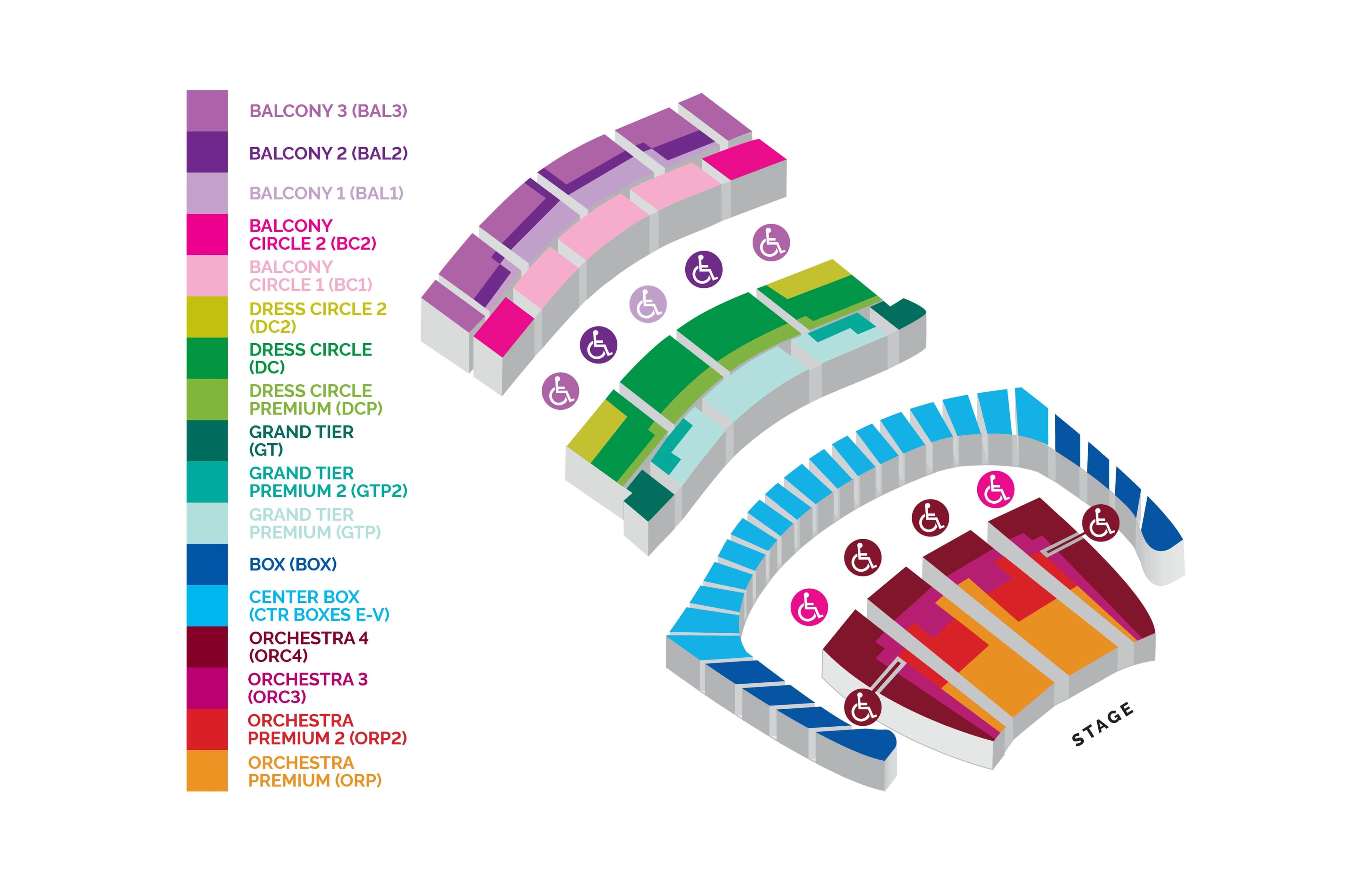 War Memorial Opera House: Seating chart, Opera house · seating levels. Use the source chart for section and row details.