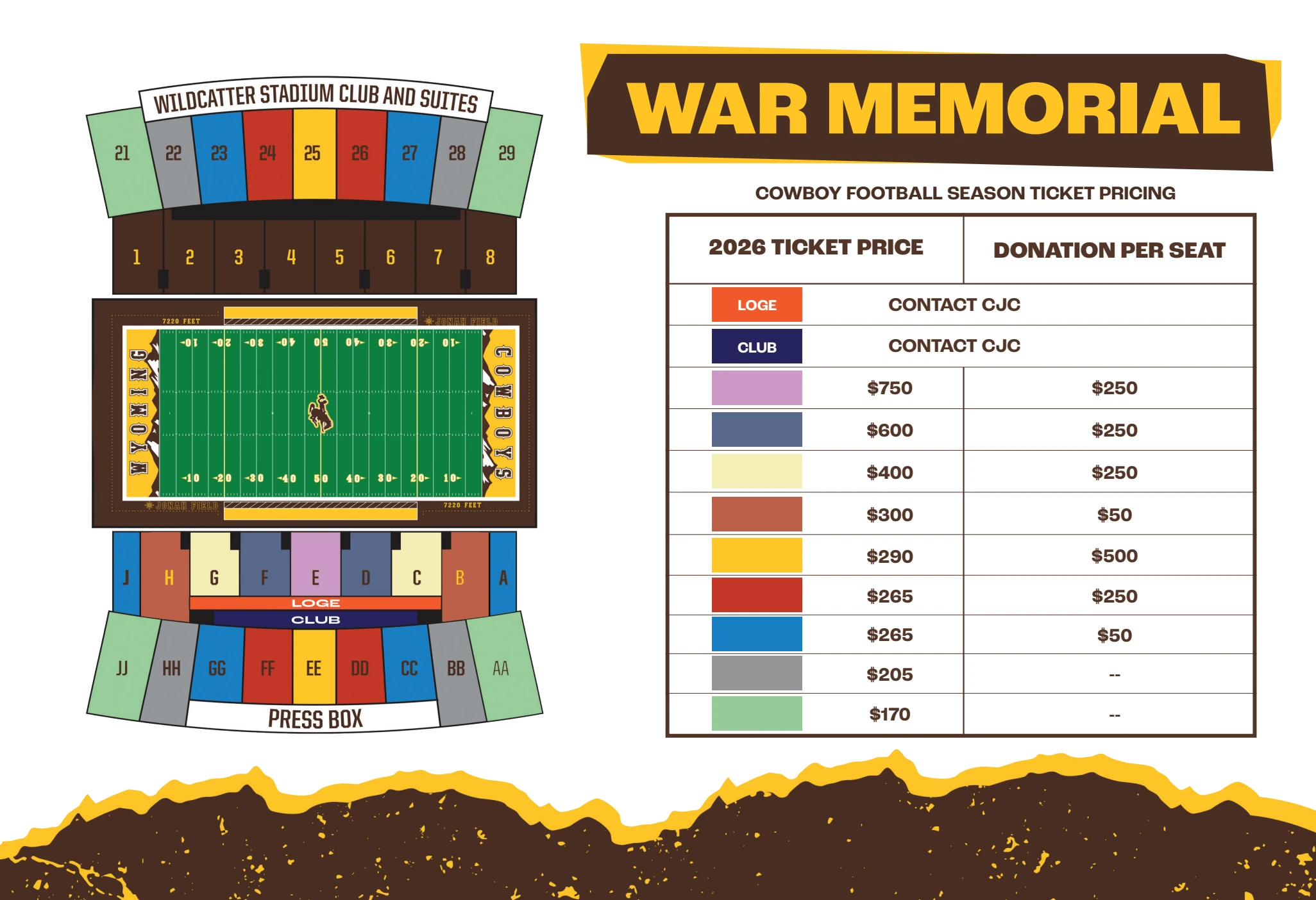 Jonah Field at War Memorial Stadium: Seating chart, Wyoming — official 2026 War Memorial football seating and season-ticket plan. Use the source chart for section and row details.