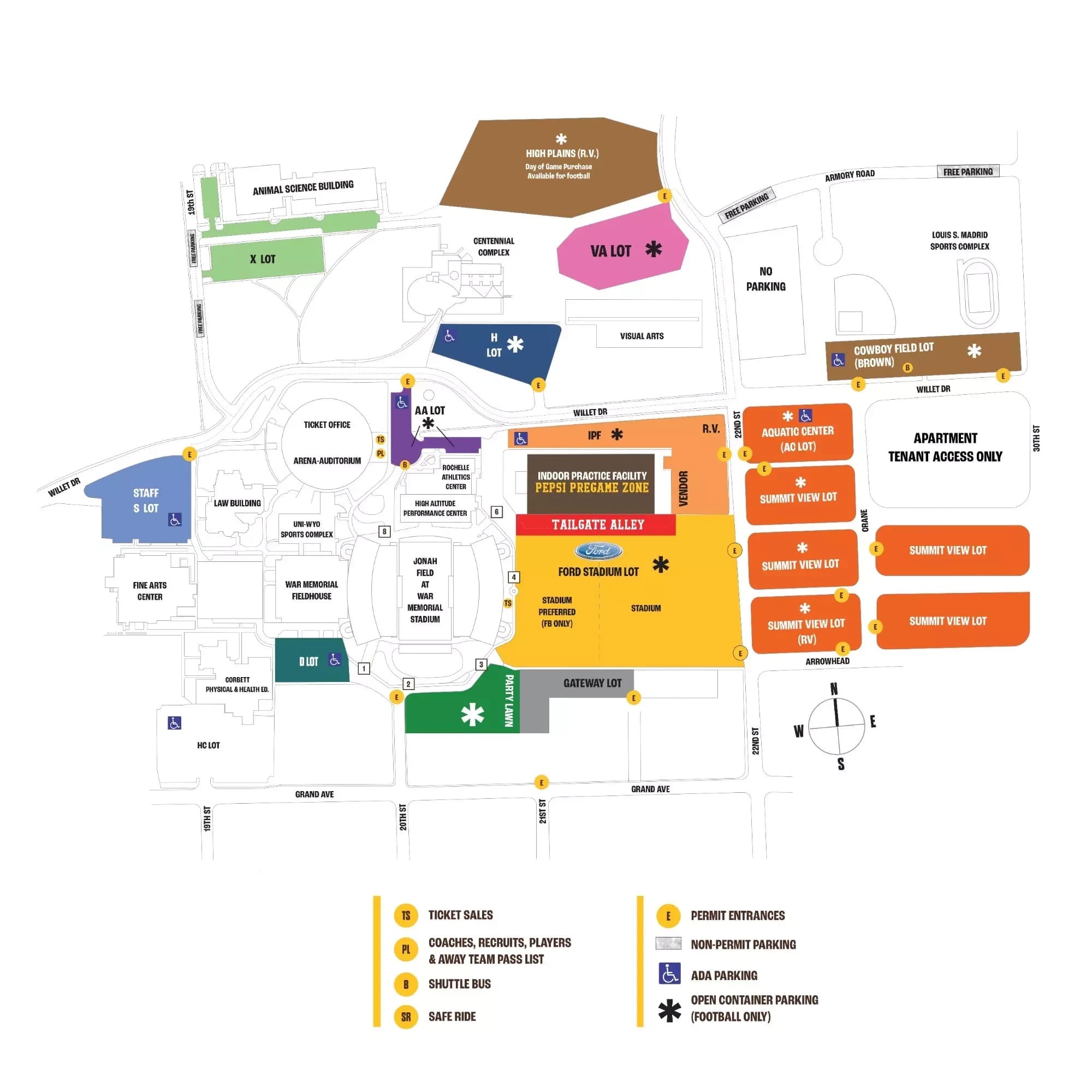 Jonah Field at War Memorial Stadium: Venue layout, Wyoming — official 2026–27 football parking and campus approach plan. Use the original map for routes and visitor facilities.