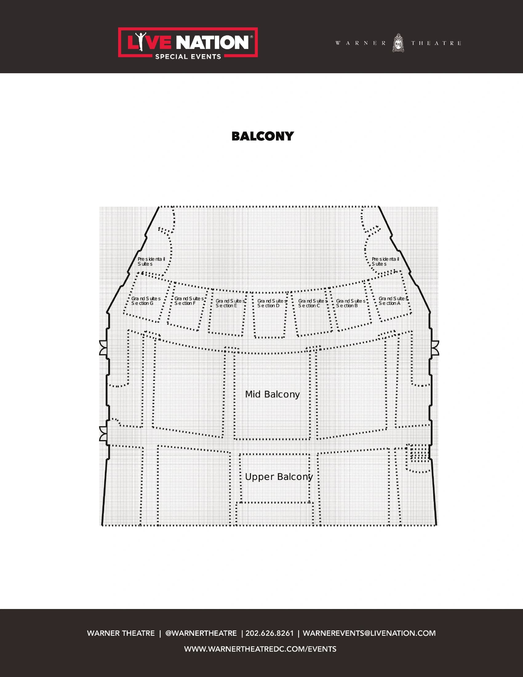 Warner Theatre: Venue layout, Balcony · premium sections and upper-level footprint. Use the original map for routes and visitor facilities.