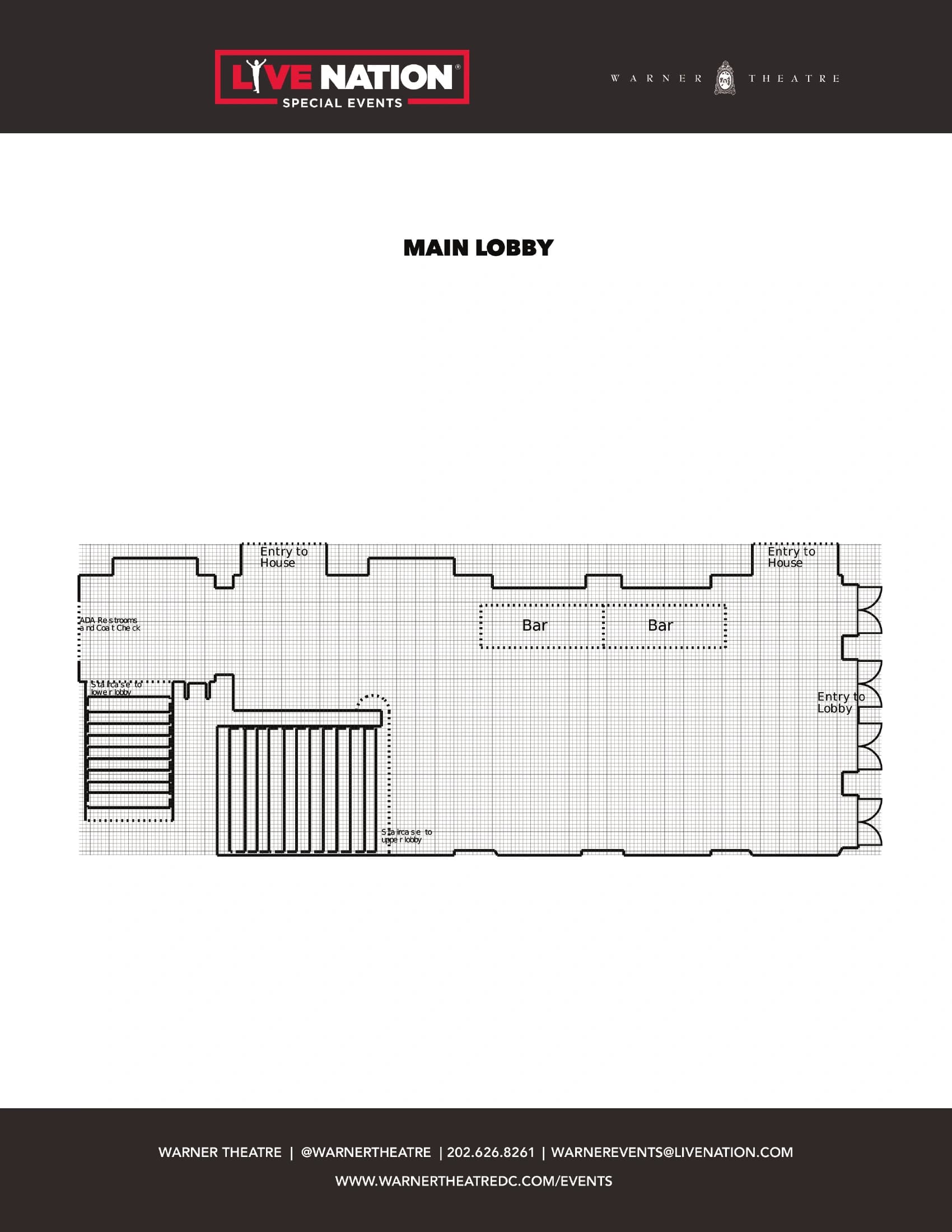 Warner Theatre: Venue layout, Main lobby · entry, house doors and stair reference. Use the original map for routes and visitor facilities.