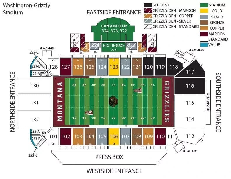 Washington-Grizzly Stadium: Seating chart, Football. Use the source chart for section and row details.