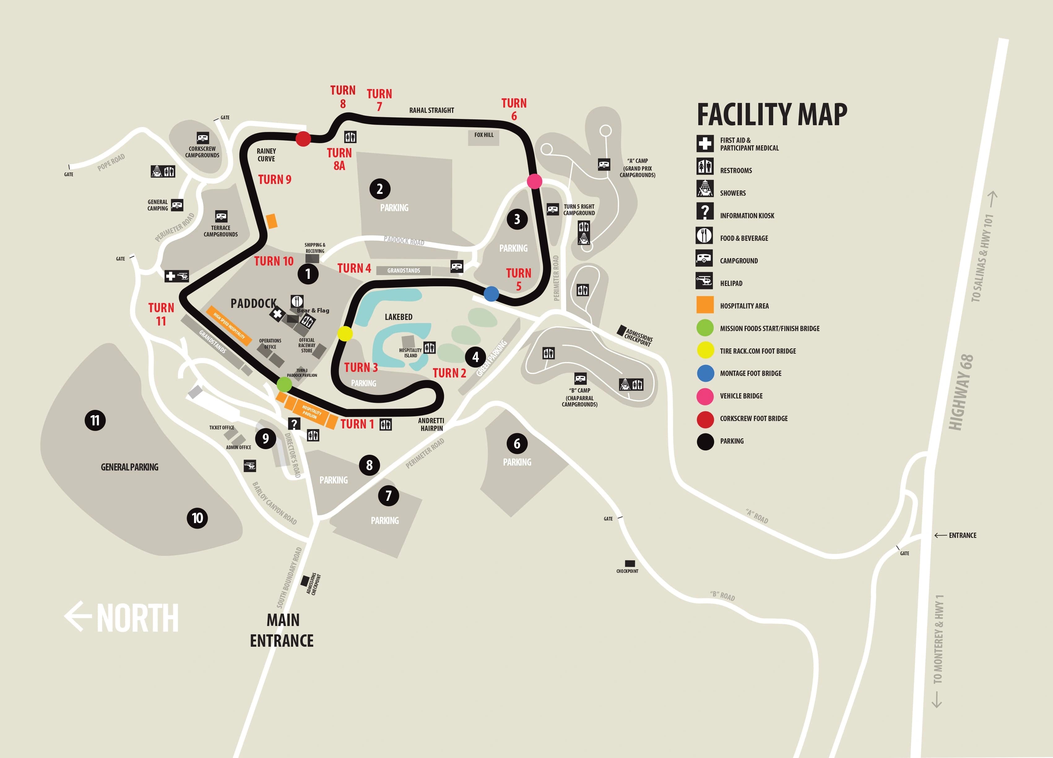 WeatherTech Raceway Laguna Seca: Venue layout, Laguna Seca · complete facility, bridge and campground orientation. Use the original map for routes and visitor facilities.