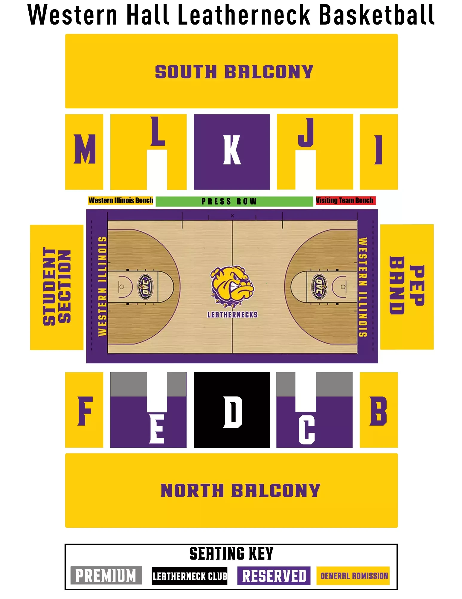 Western Hall: Seating chart, Western Hall — basketball sections and balconies. Use the source chart for section and row details.