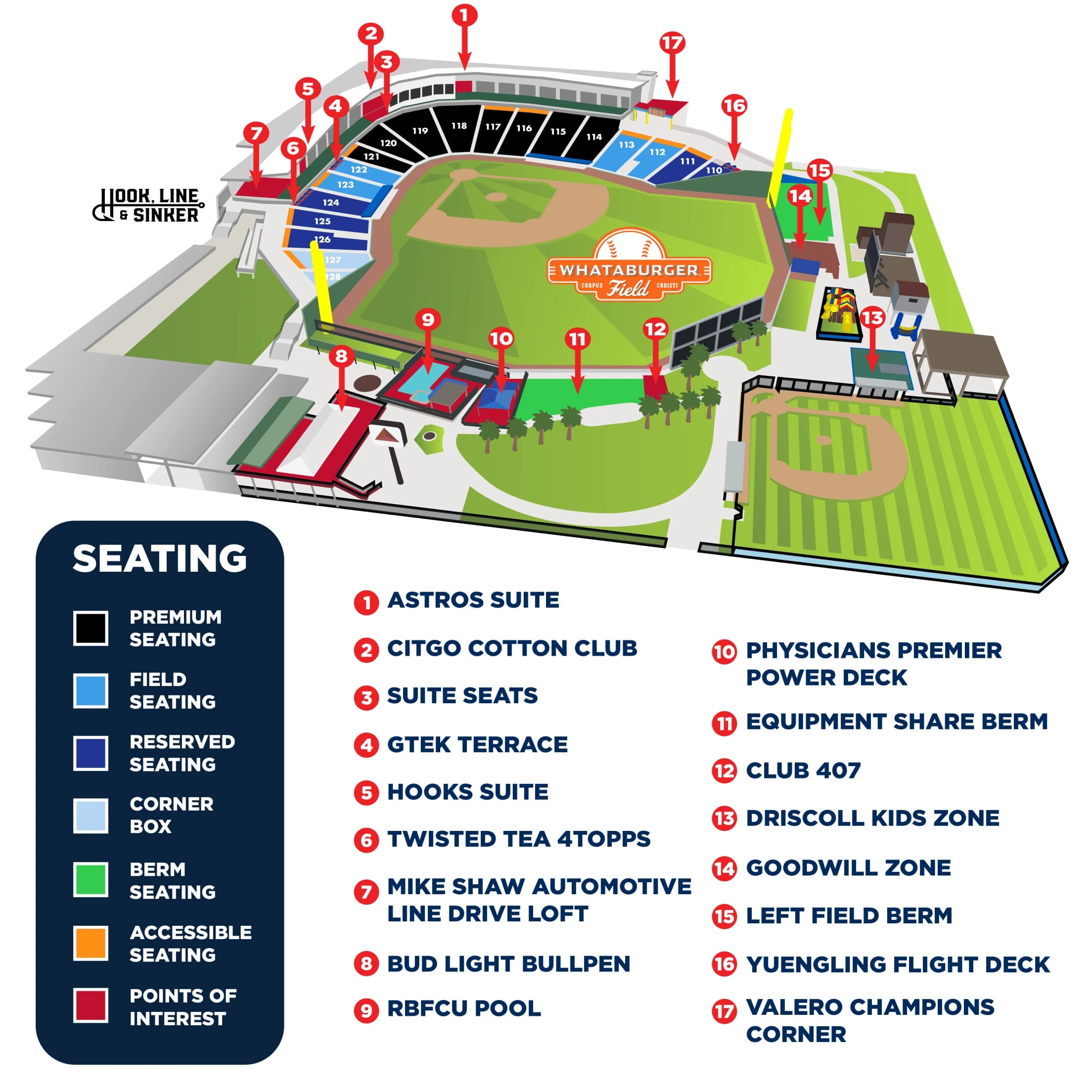 Whataburger Field: Seating chart, Whataburger Field — official 2026 numbered sections and amenities. Use the source chart for section and row details.