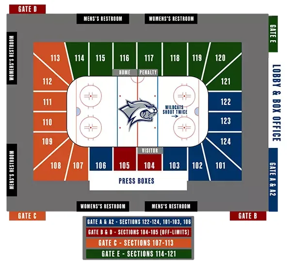 Whittemore Center: Seating chart, Whittemore Center — hockey sections and gates. Use the source chart for section and row details.
