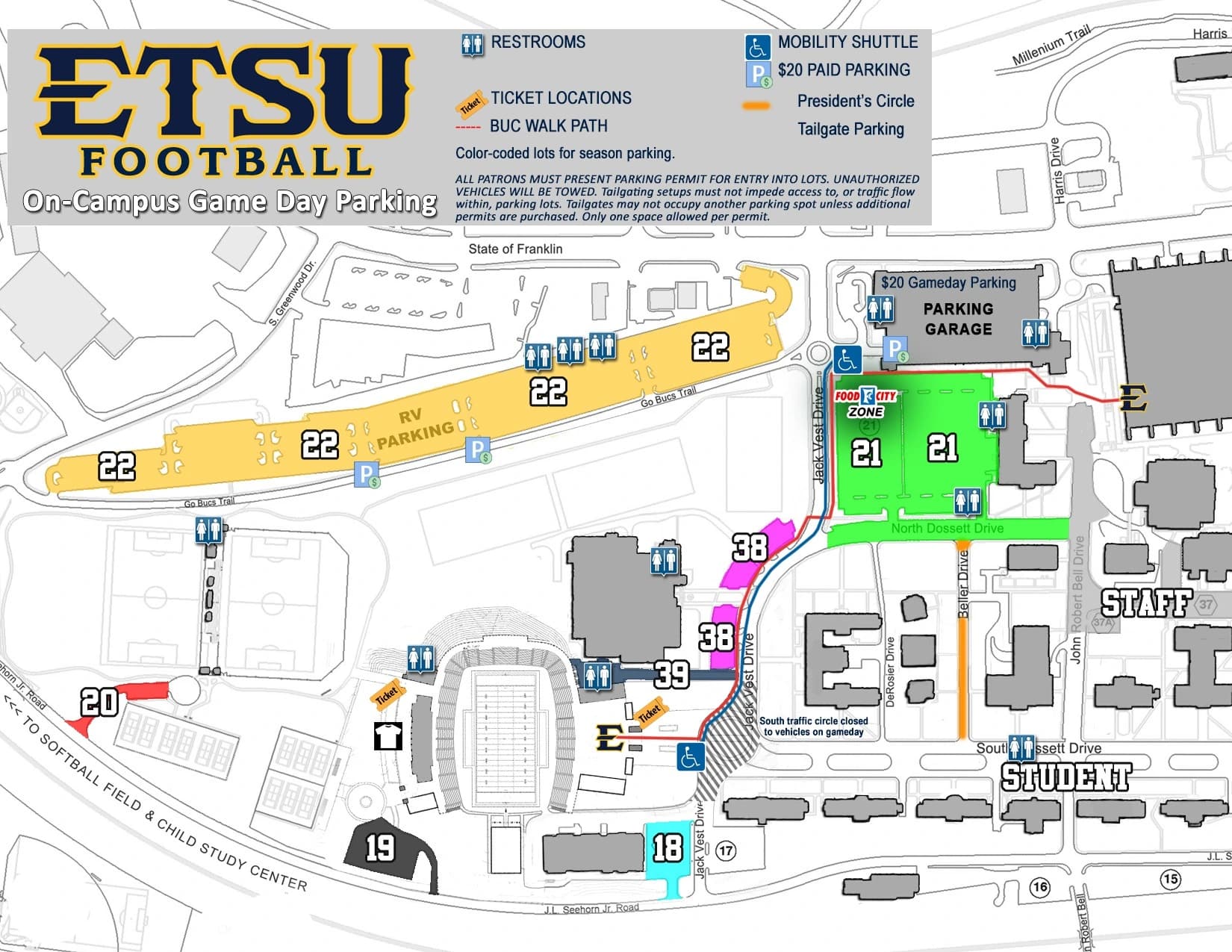 William B. Greene Jr. Stadium: Venue layout, Football permit parking · 2025 edition. Use the original map for routes and visitor facilities.