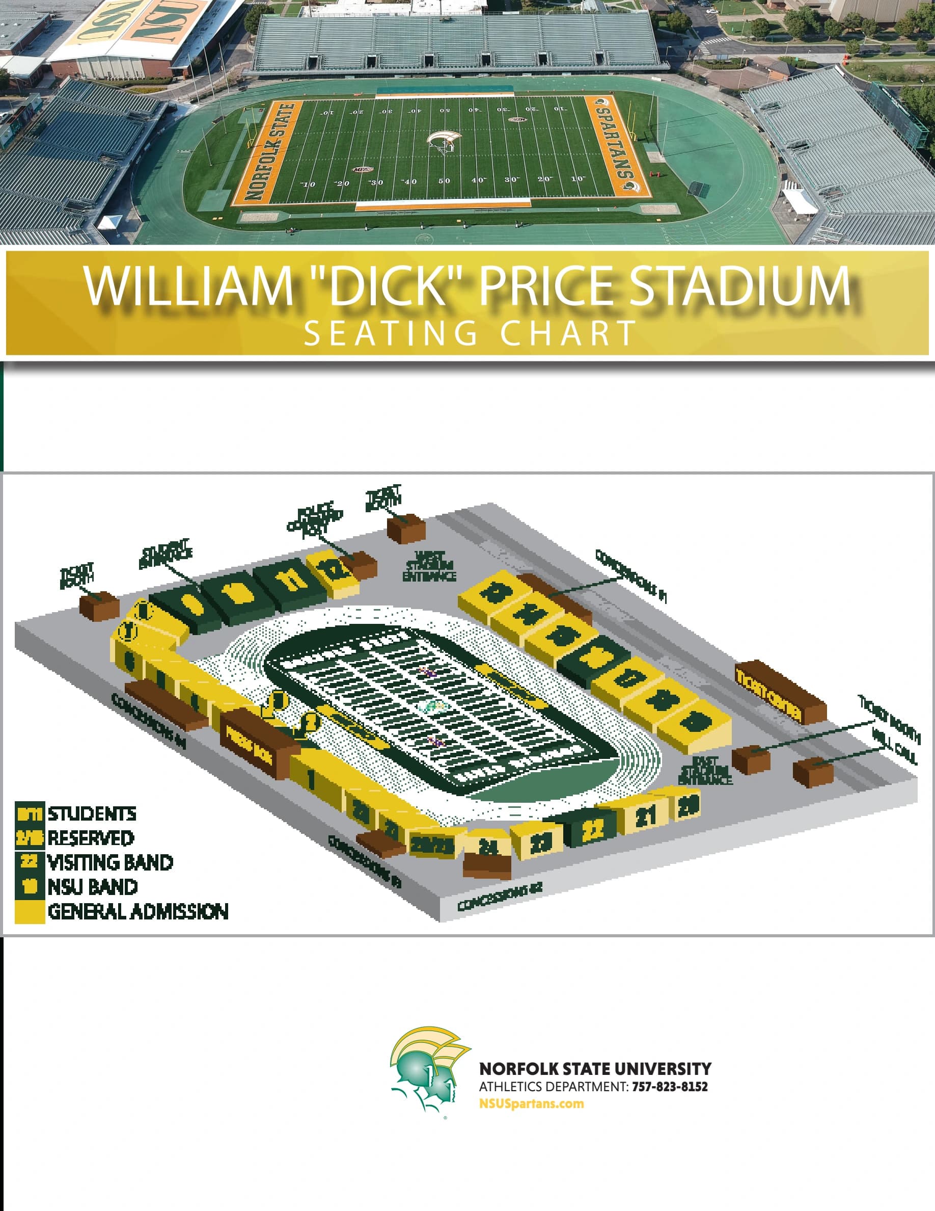 William "Dick" Price Stadium: Seating chart, Football seating · diagram in 2026 fan guide. Use the source chart for section and row details.