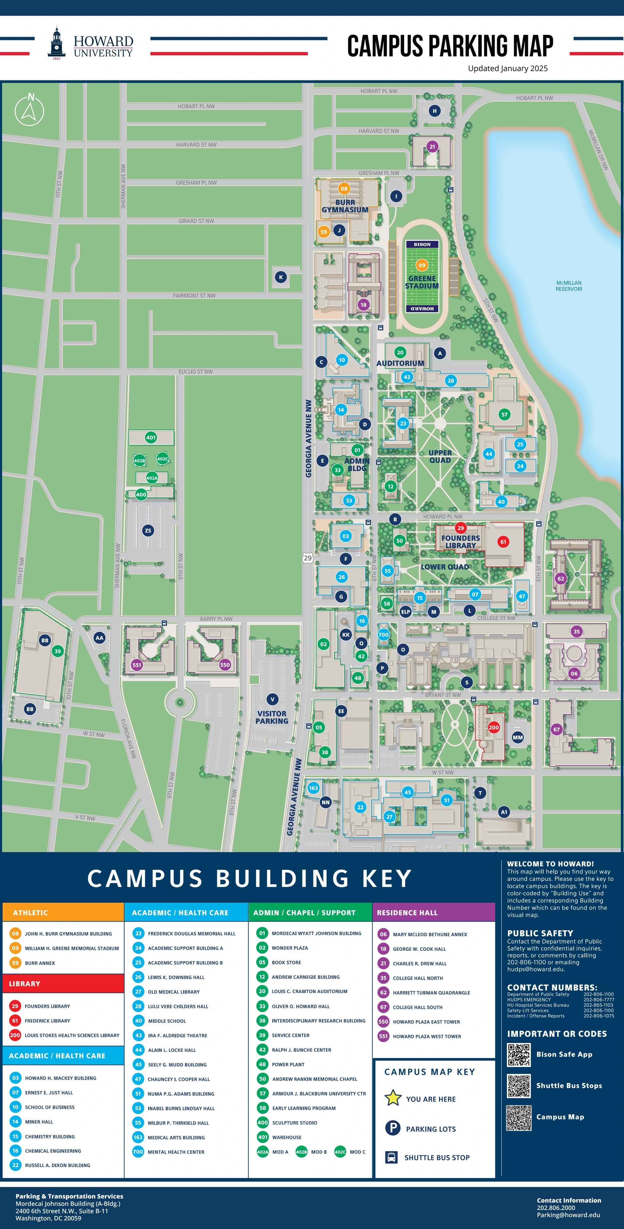 William H. Greene Stadium: Venue layout, Howard — official January 2025 campus parking and arrival plan. Use the original map for routes and visitor facilities.