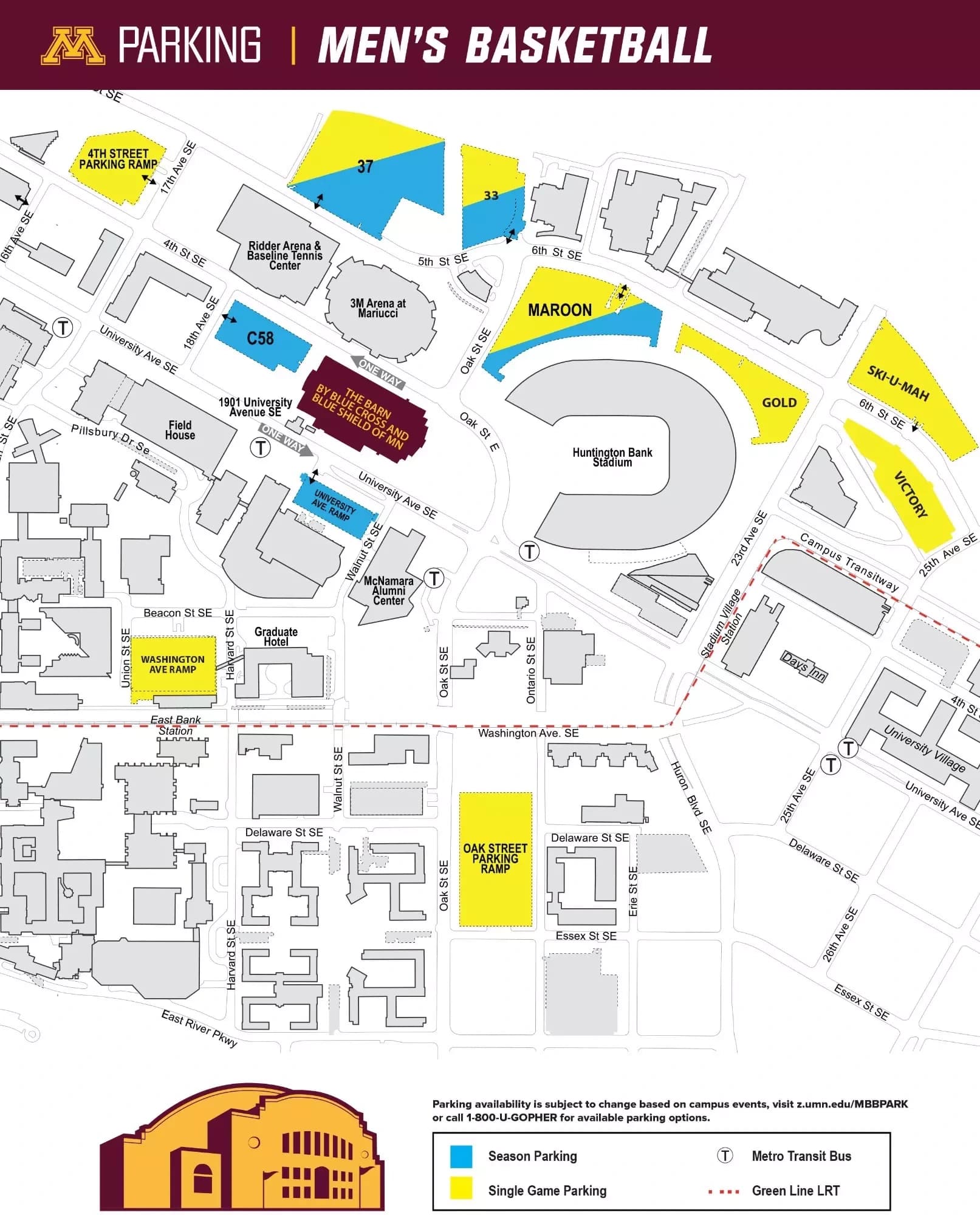 The Barn by Blue Cross and Blue Shield of Minnesota: Venue layout, 2026 men’s basketball · campus parking and arrival reference. Use the original map for routes and visitor facilities.