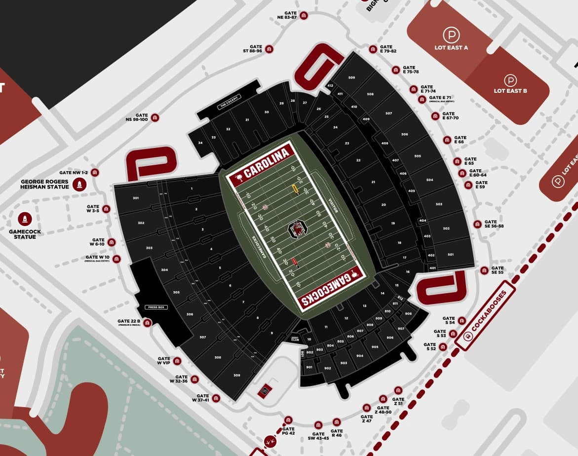 Williams-Brice Stadium: Seating chart, Williams-Brice Stadium — official 2026 section and entry-gate reference. Use the source chart for section and row details.