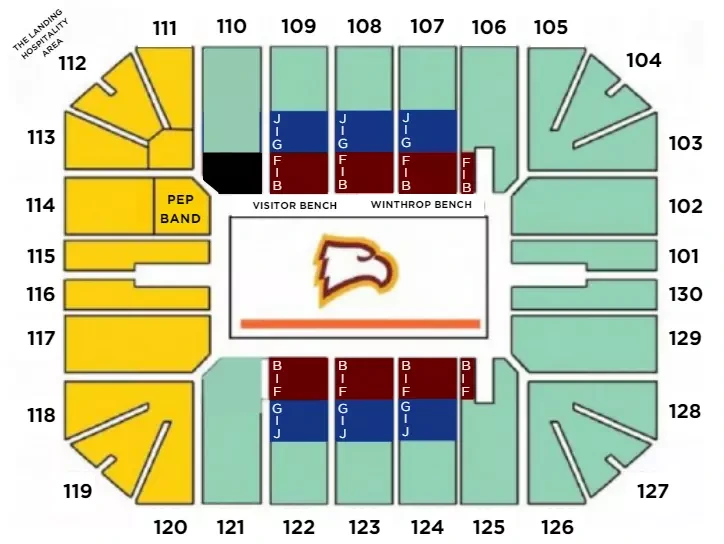 Winthrop Coliseum: Seating chart, Basketball — section orientation with historical 2024–25 allocations. Use the source chart for section and row details.