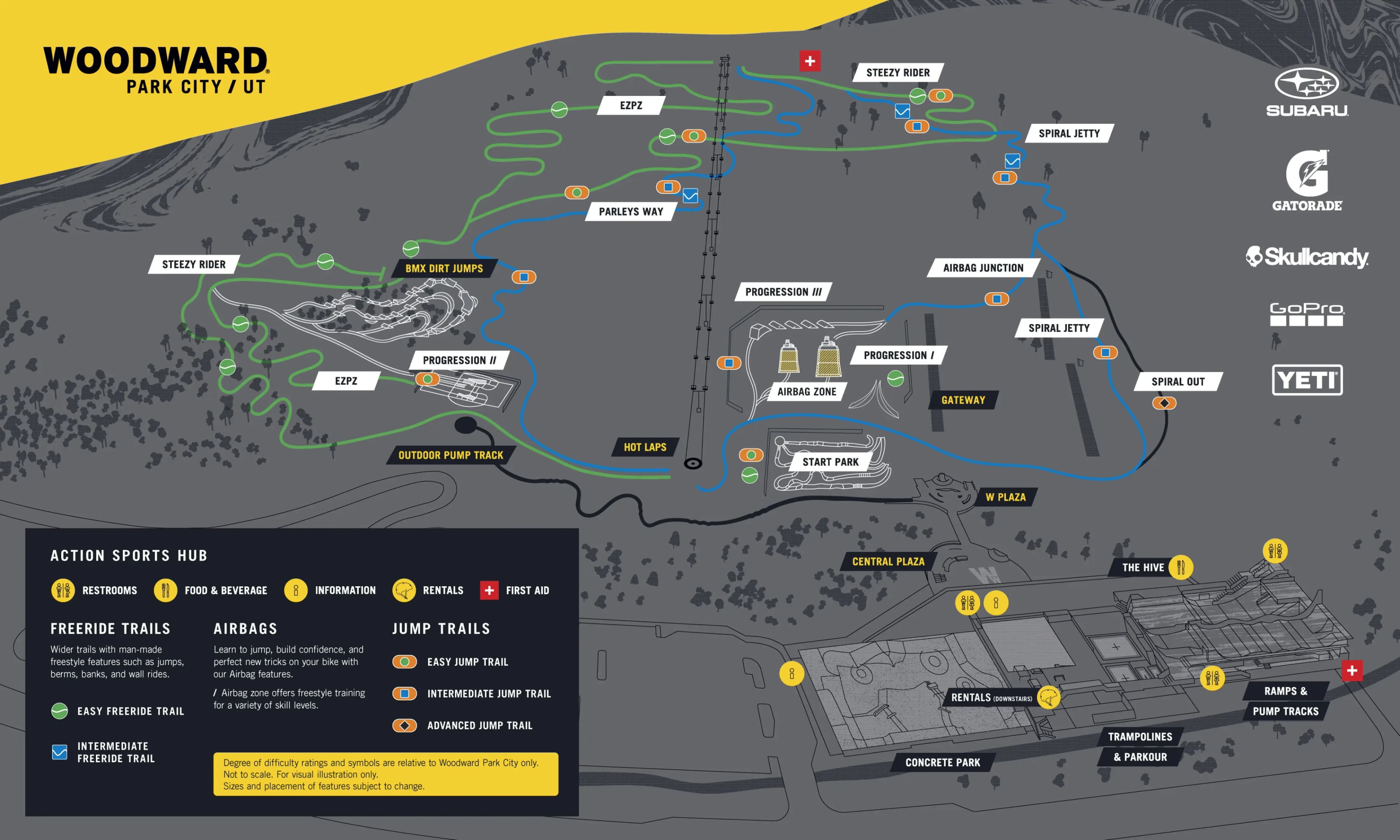 Woodward Park City: Venue layout, Summer trails and Indoor Hub · owner-linked Summer25 diagram. Use the original map for routes and visitor facilities.