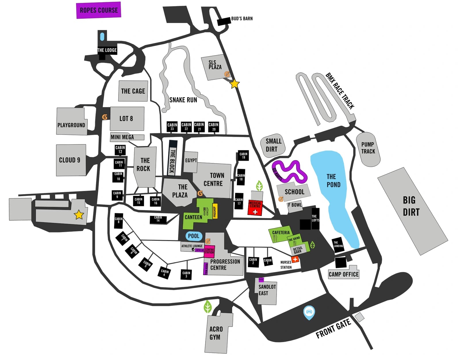 Woodward Pennsylvania: Venue layout, 2026 PA camp guide · embedded campus diagram from page 15. Use the original map for routes and visitor facilities.