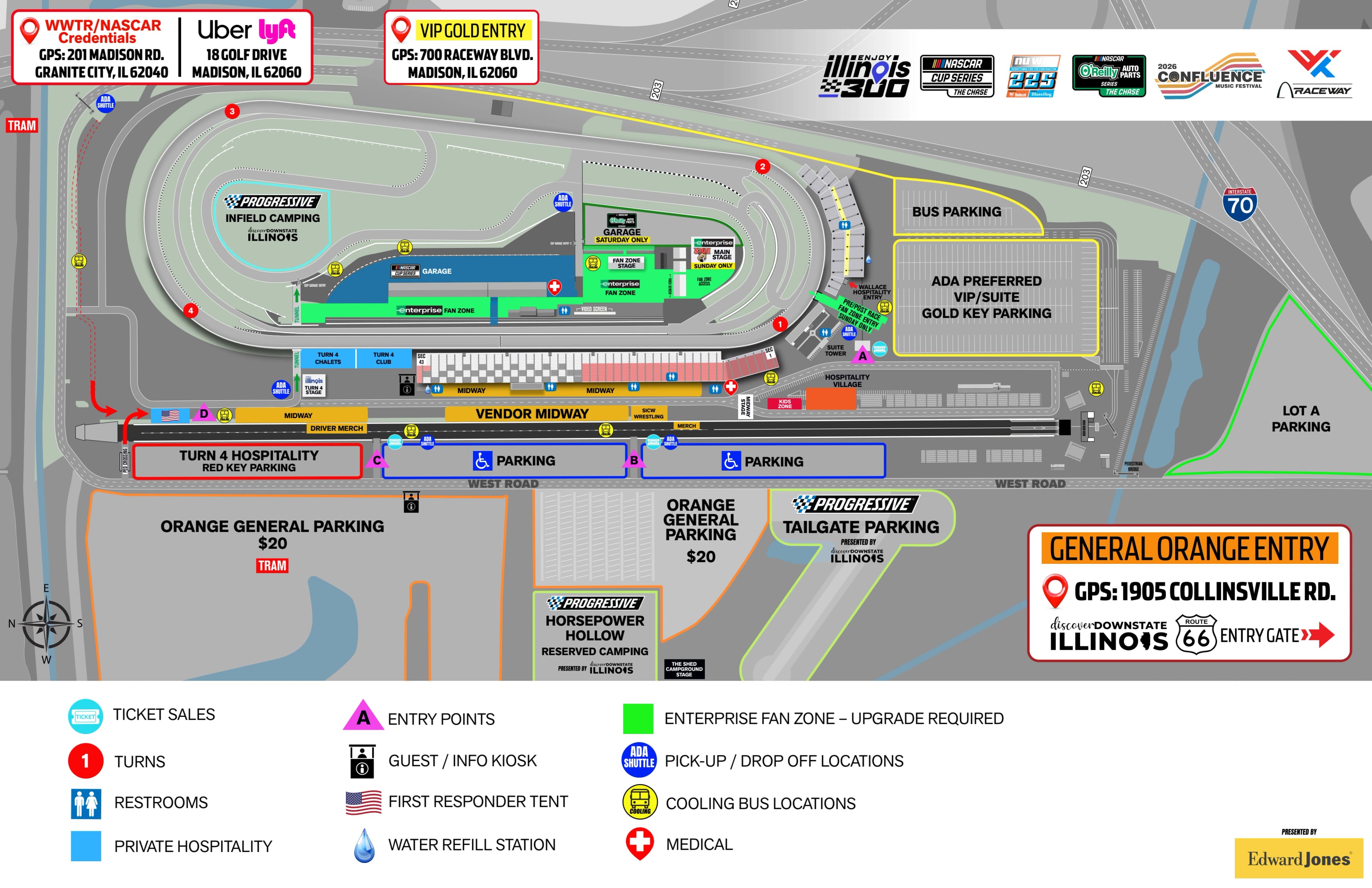 World Wide Technology Raceway: Venue layout, 2026 NASCAR weekend · complete facility, patron access and parking plan. Use the original map for routes and visitor facilities.