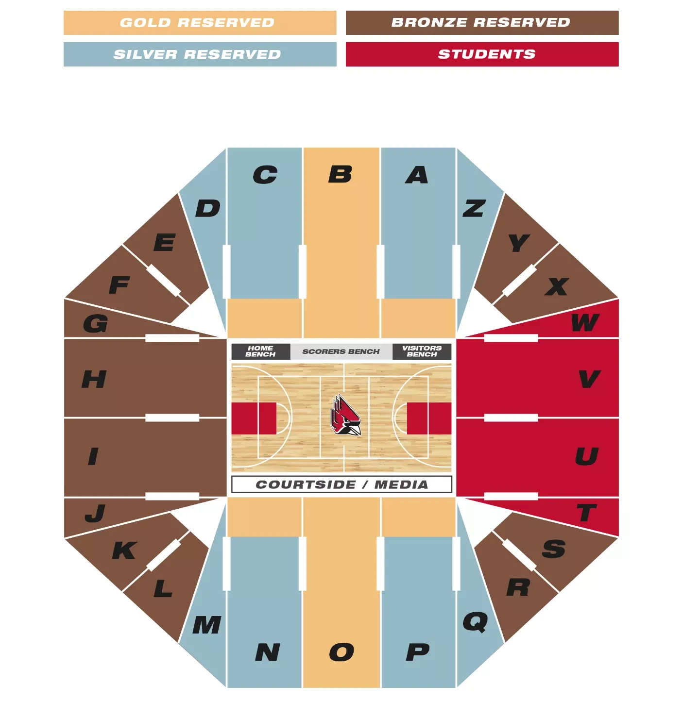 Worthen Arena: Seating chart, Basketball sections; 2023 source. Use the source chart for section and row details.
