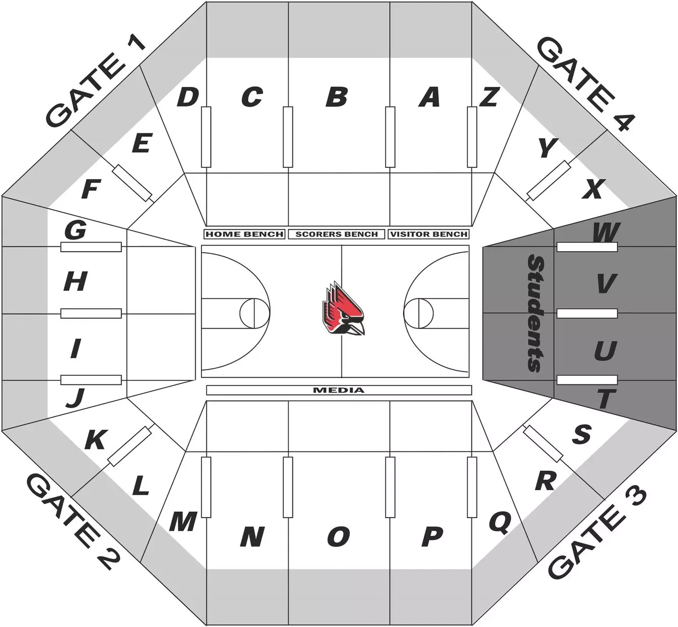 Worthen Arena: Seating chart, Basketball sections; 2016 source. Use the source chart for section and row details.