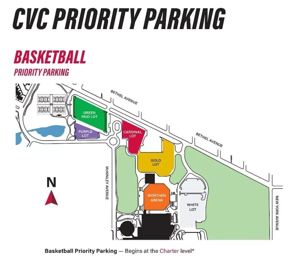 Worthen Arena: Venue layout, Basketball priority parking; 2024 source. Use the original map for routes and visitor facilities.