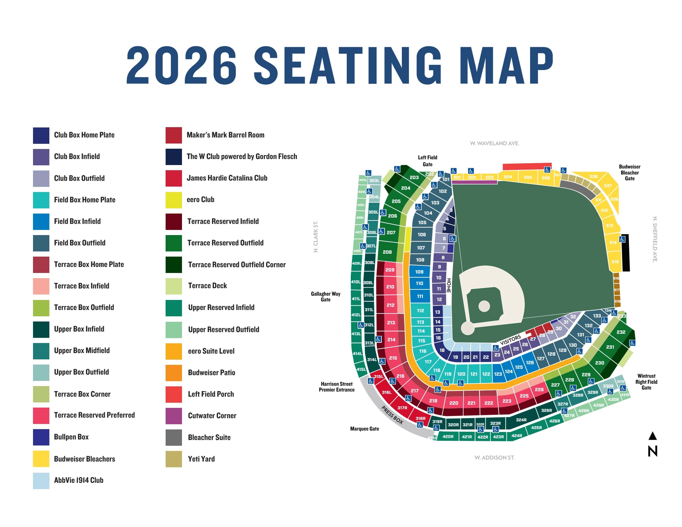 Wrigley Field: Seating chart, Baseball — 2026 venue chart. Use the source chart for section and row details.
