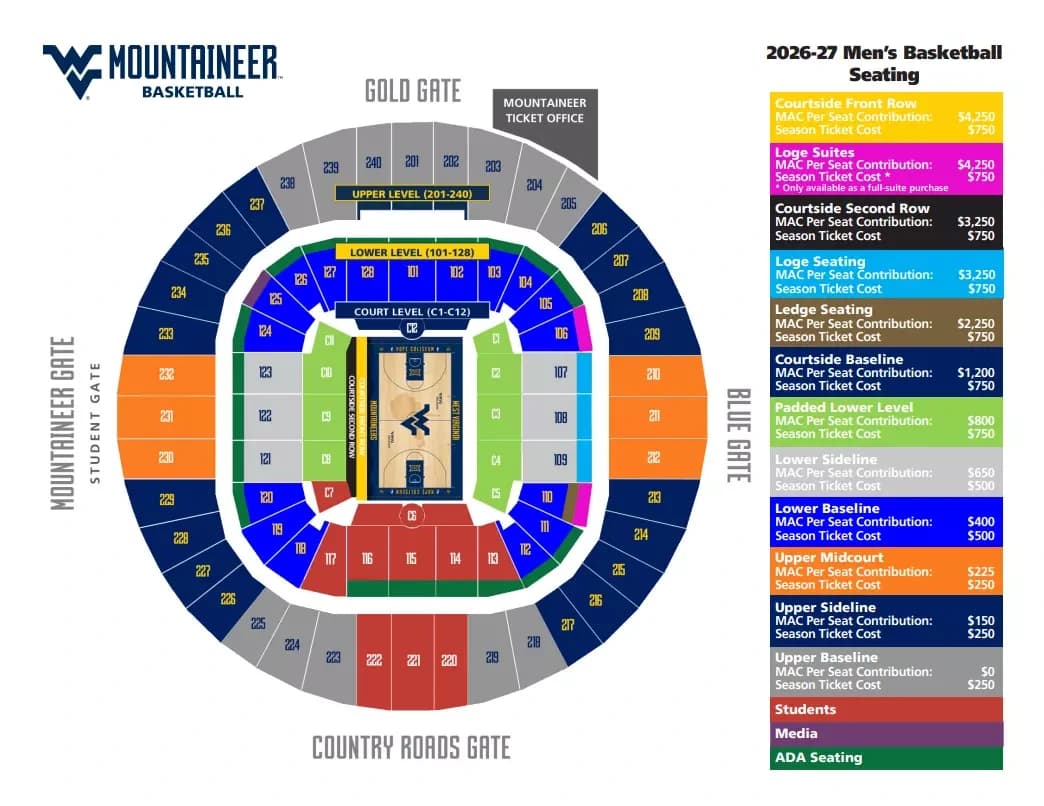 Hope Coliseum: Seating chart, Men's basketball · 2026–27. Use the source chart for section and row details.