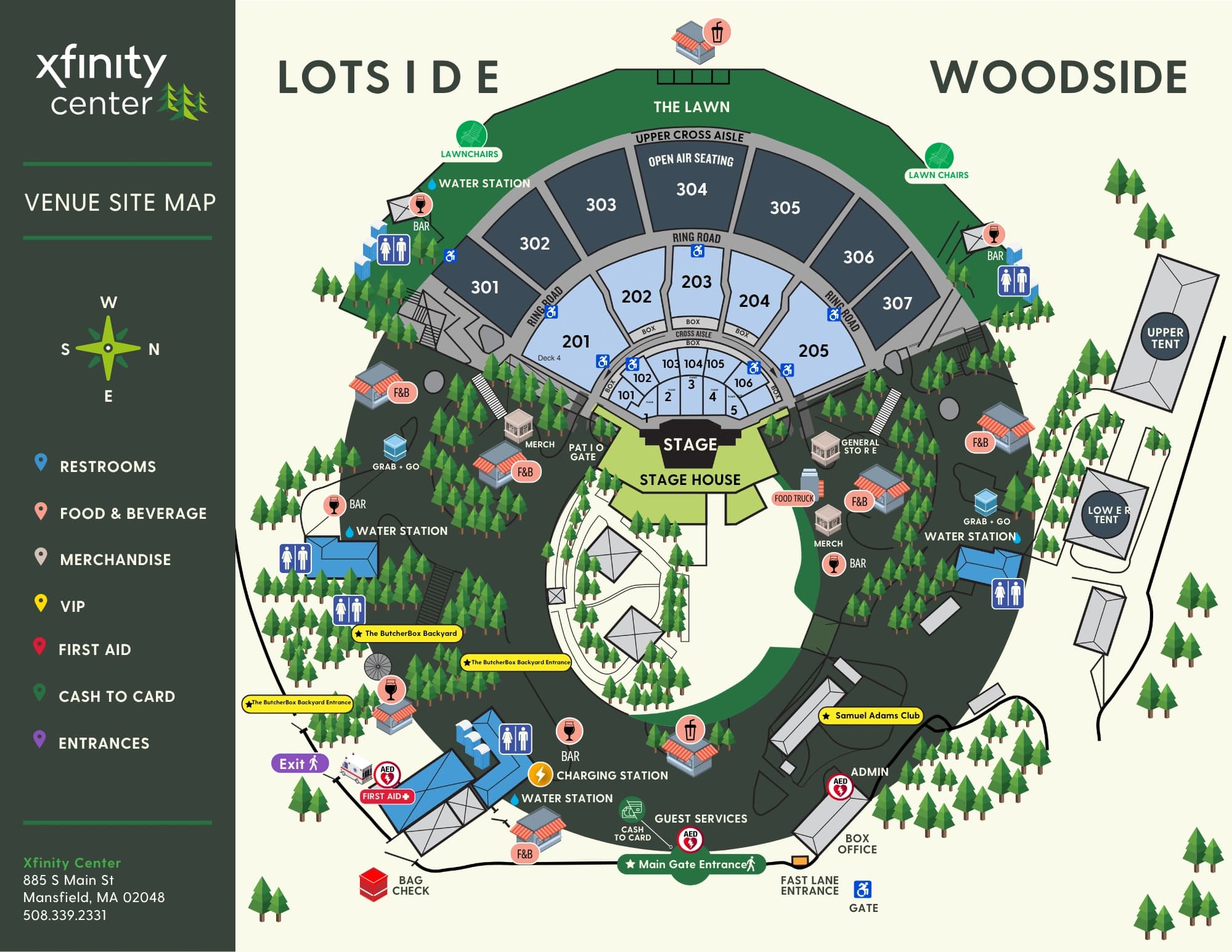 Xfinity Center: Seating chart, Mansfield · sections and venue amenities. Use the source chart for section and row details.