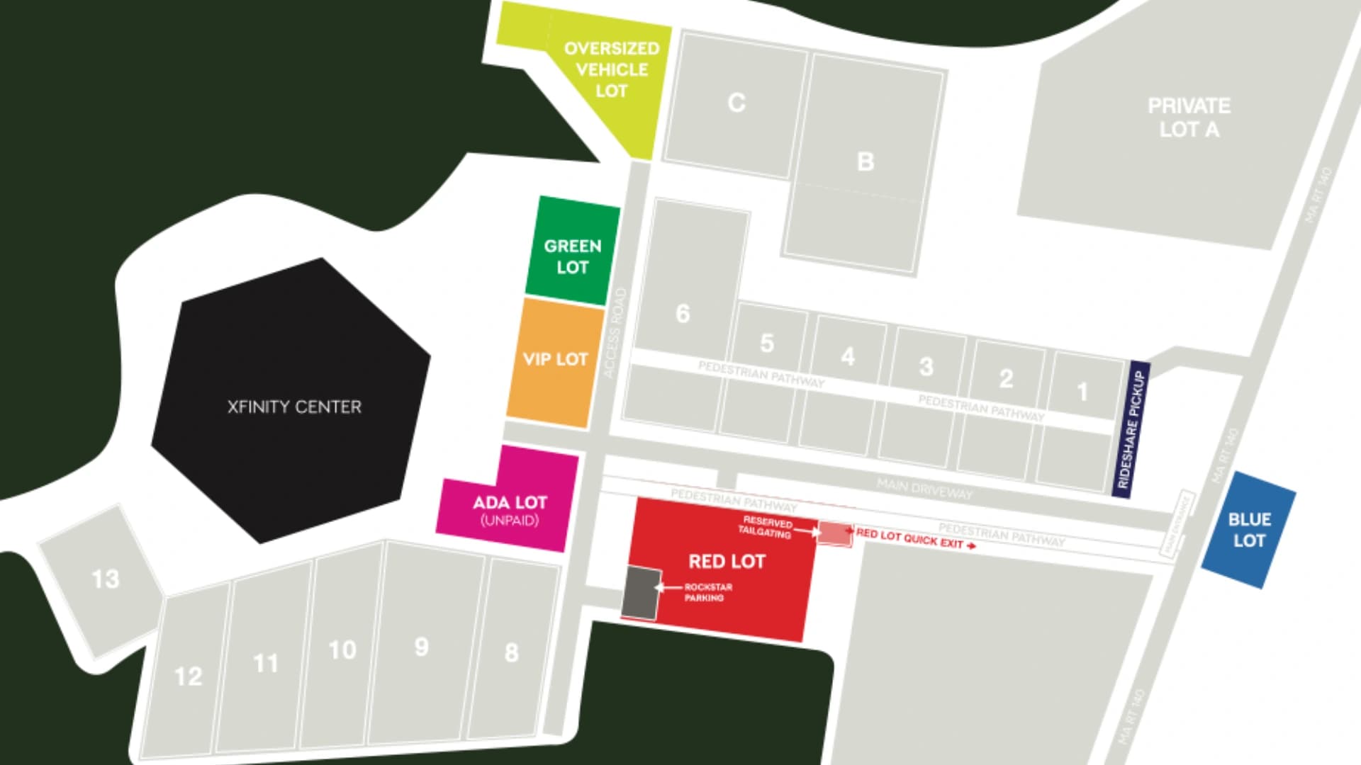 Xfinity Center: Venue layout, Mansfield · general, accessible and upgraded parking. Use the original map for routes and visitor facilities.