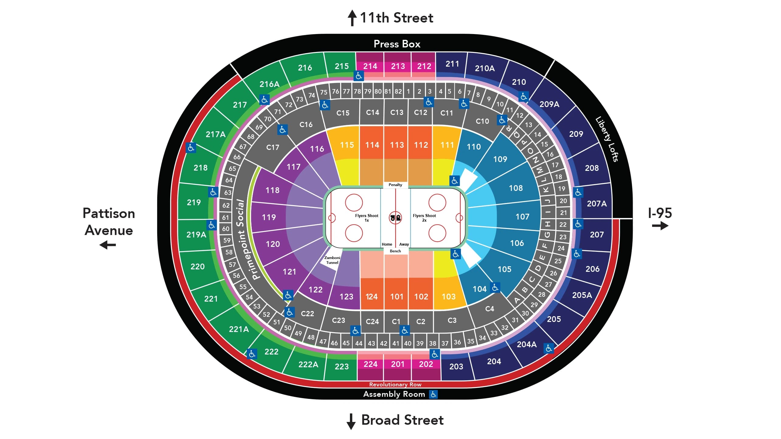 Xfinity Mobile Arena: Seating chart, Philadelphia Flyers hockey. Use the source chart for section and row details.