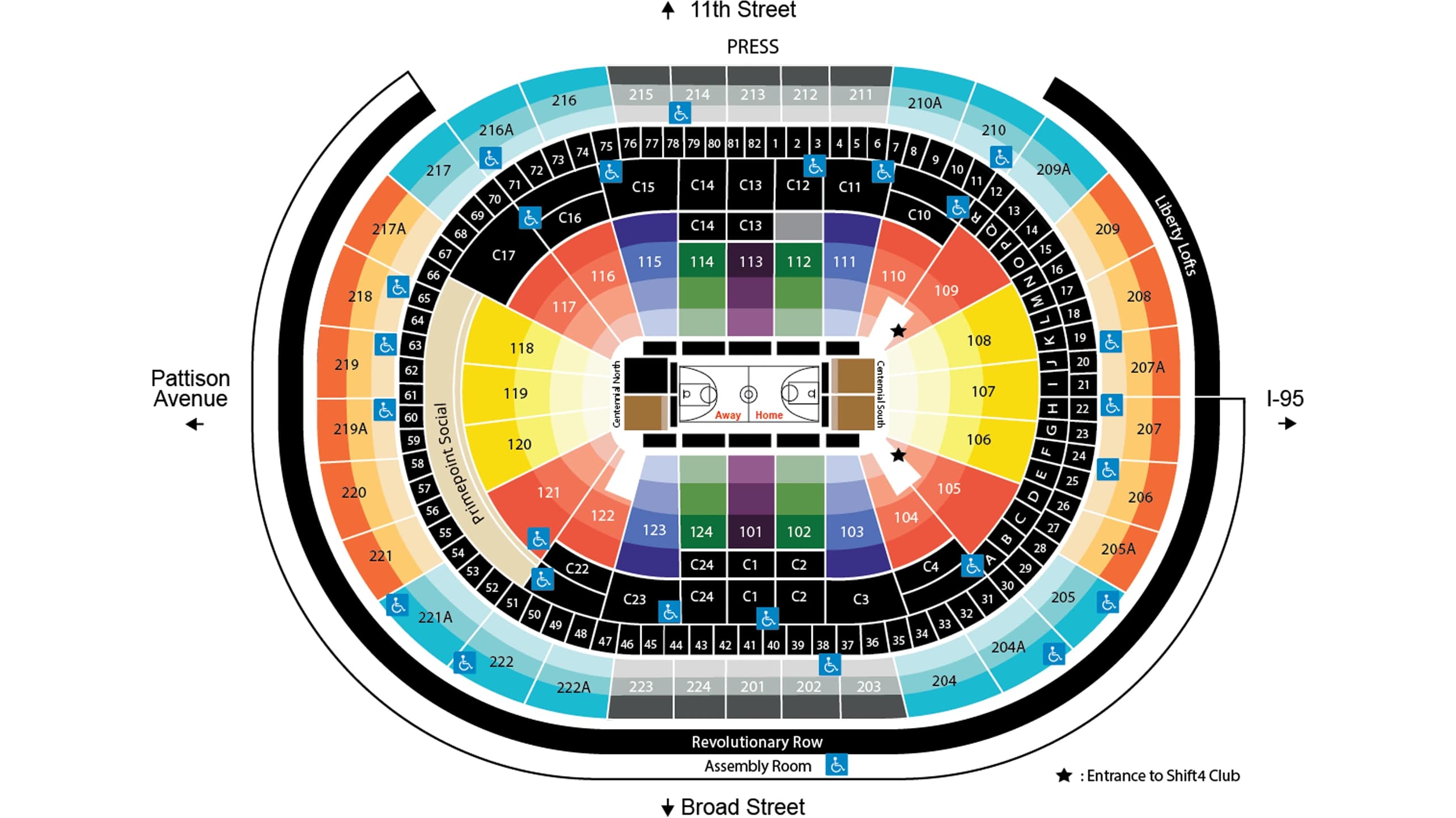 Xfinity Mobile Arena: Seating chart, Philadelphia 76ers basketball. Use the source chart for section and row details.