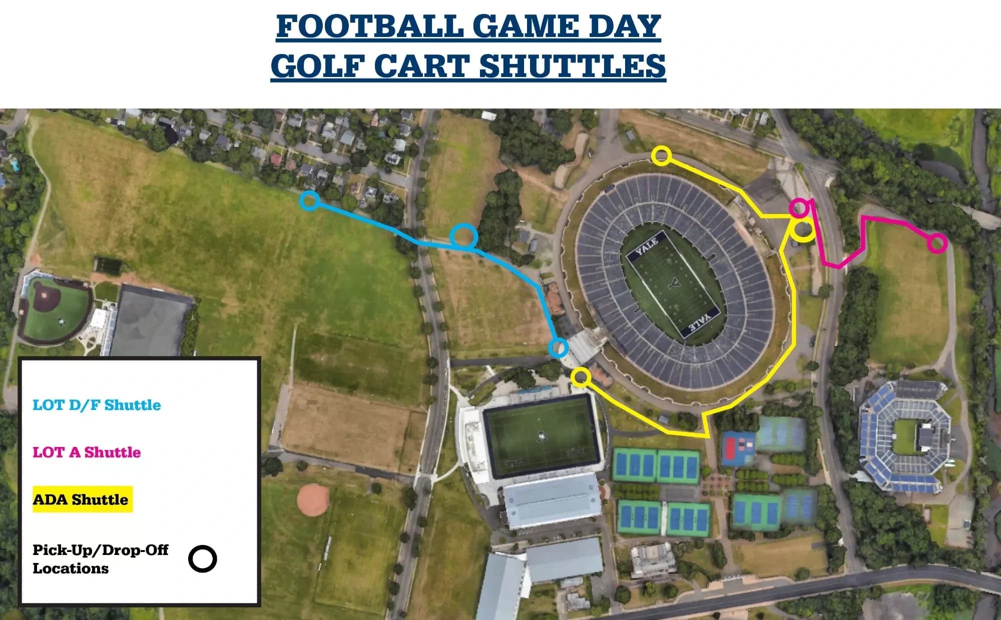 Yale Bowl, Class of 1954 Field: Venue layout, Yale — official current-linked 2025 football golf-cart shuttle routes. Use the original map for routes and visitor facilities.