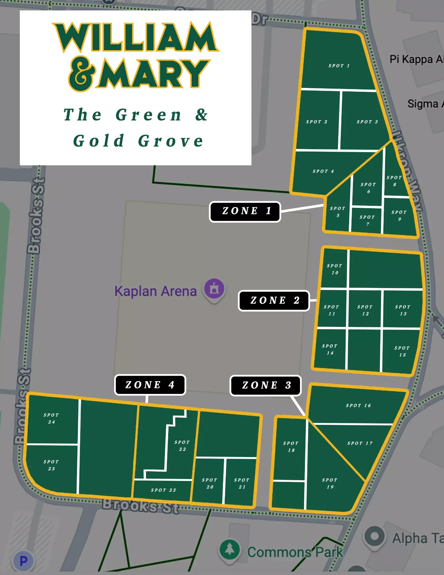 Walter J. Zable Stadium at Cary Field: Venue layout, William & Mary — official 2026 Green & Gold Grove plan. Use the original map for routes and visitor facilities.