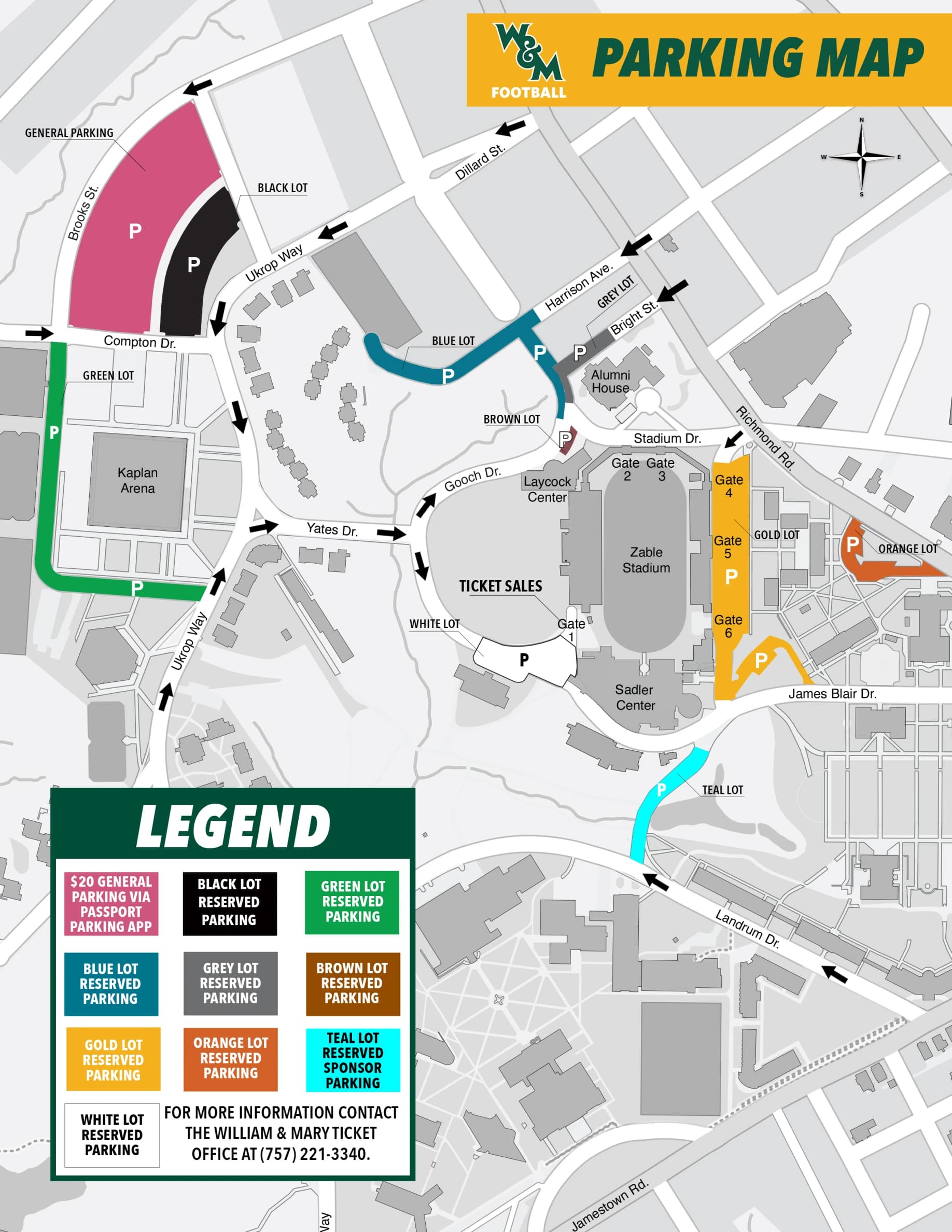 Walter J. Zable Stadium at Cary Field: Venue layout, William & Mary — current-linked 2024 football parking map. Use the original map for routes and visitor facilities.