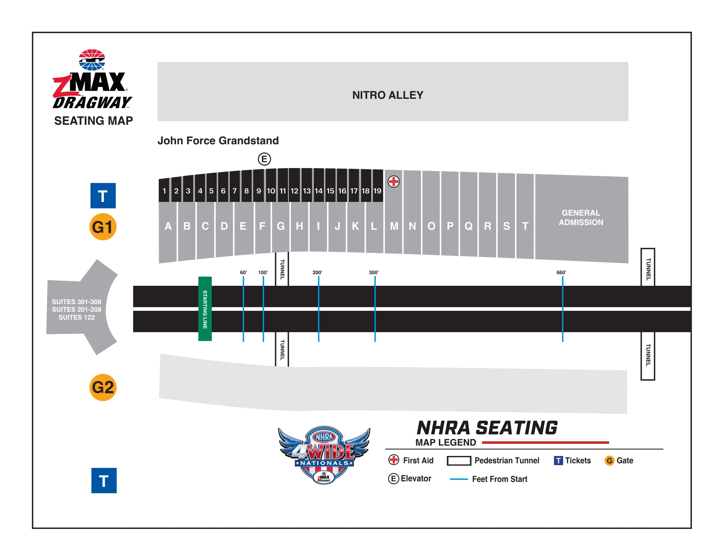 zMAX Dragway: Seating chart, zMAX Dragway · current 2026 NHRA grandstand sections and start-line distances. Use the source chart for section and row details.
