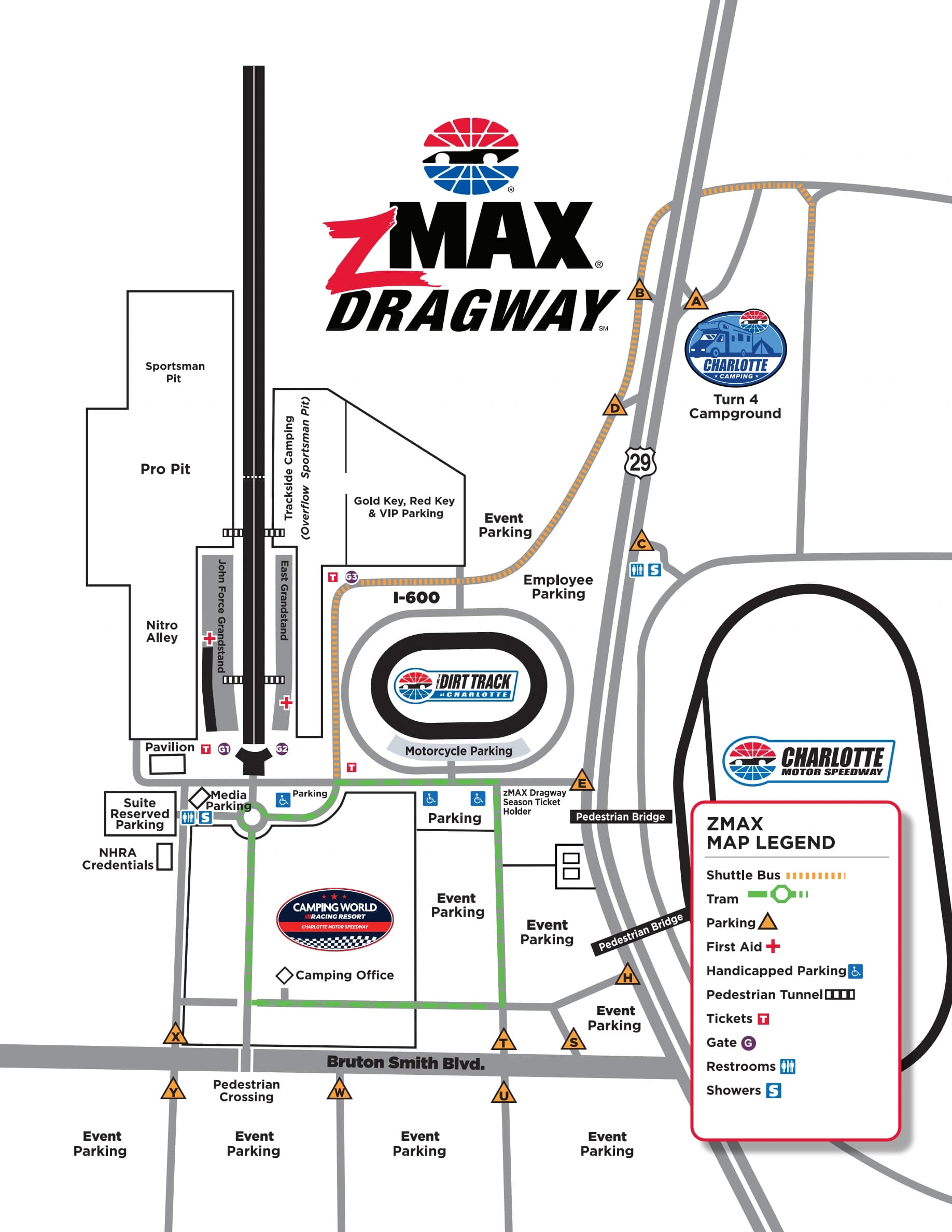zMAX Dragway: Venue layout, zMAX Dragway · 2026 dragway-specific parking, gates and campus routes. Use the original map for routes and visitor facilities.