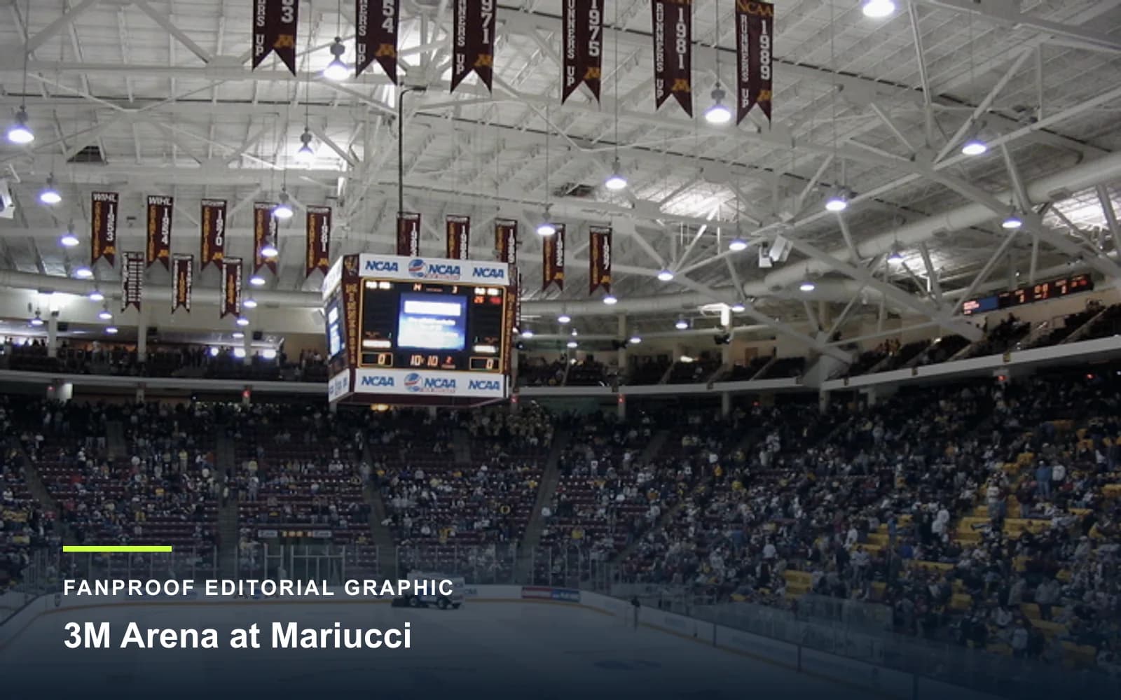 FanProof editorial graphic derived from a reuse-cleared view of 3M Arena at Mariucci, home of Minnesota men ice hockey.