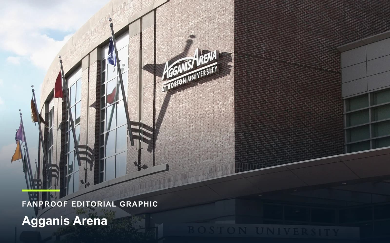 FanProof editorial graphic derived from a reuse-cleared view of Agganis Arena, home of Boston University men ice hockey.