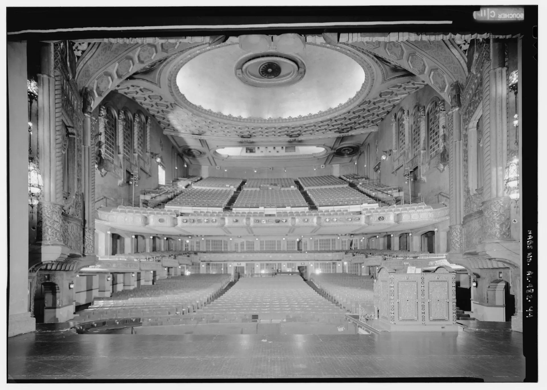 A full stage-to-balcony view of the ornate Alabama Theatre auditorium in Birmingham.