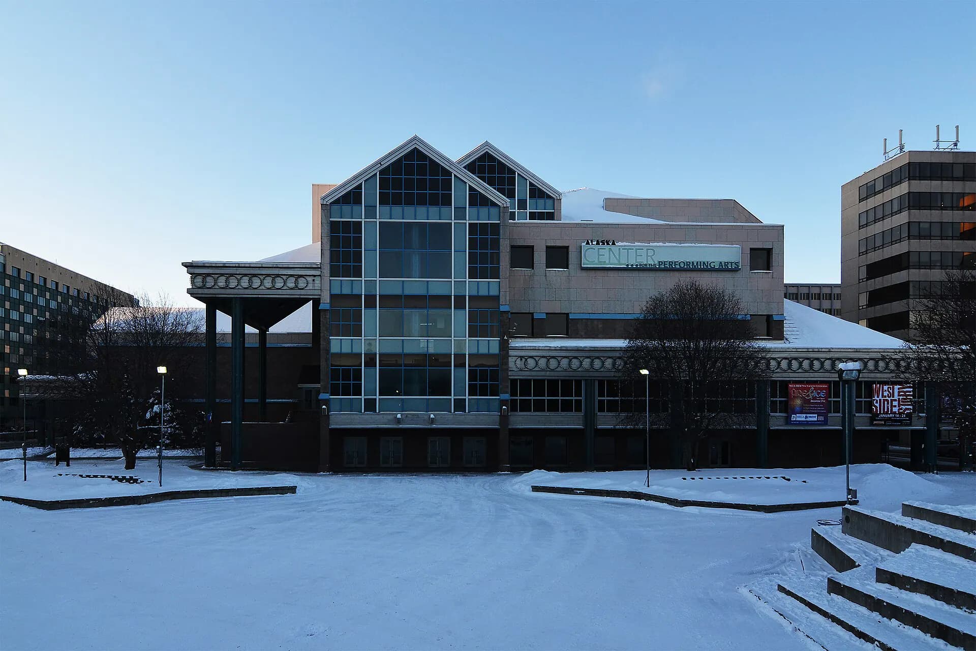 Exterior view of the Alaska Center for the Performing Arts in downtown Anchorage.