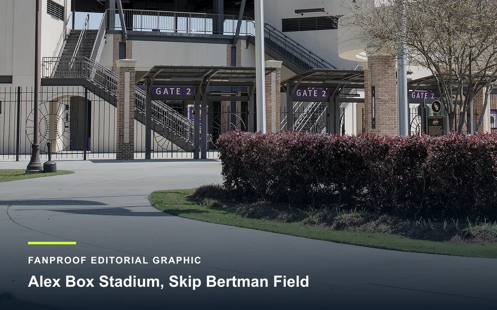 FanProof editorial graphic derived from a reuse-cleared view of Alex Box Stadium, Skip Bertman Field, home of LSU baseball.